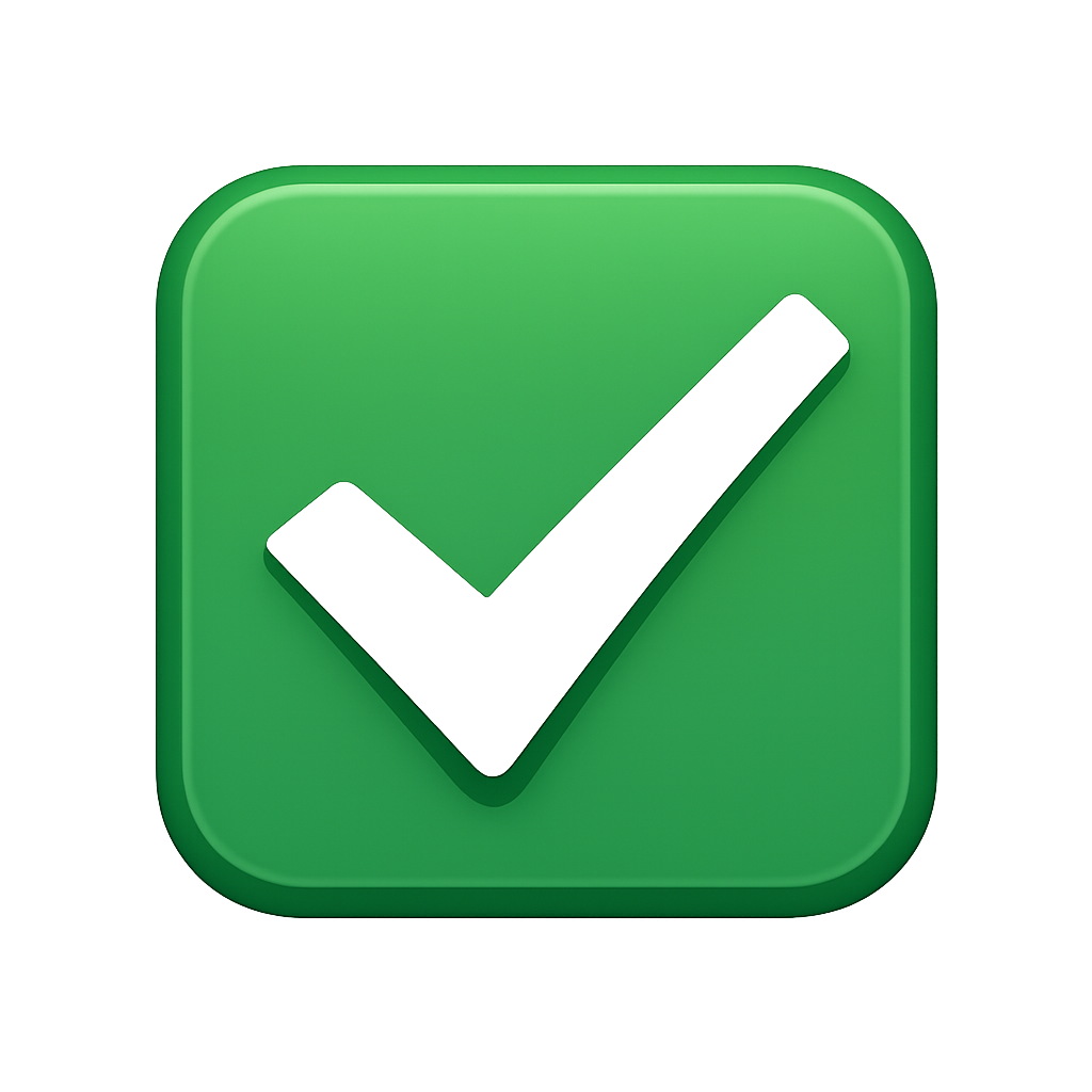 Green rounded-square button with a glowing checkmark indicating success or completion